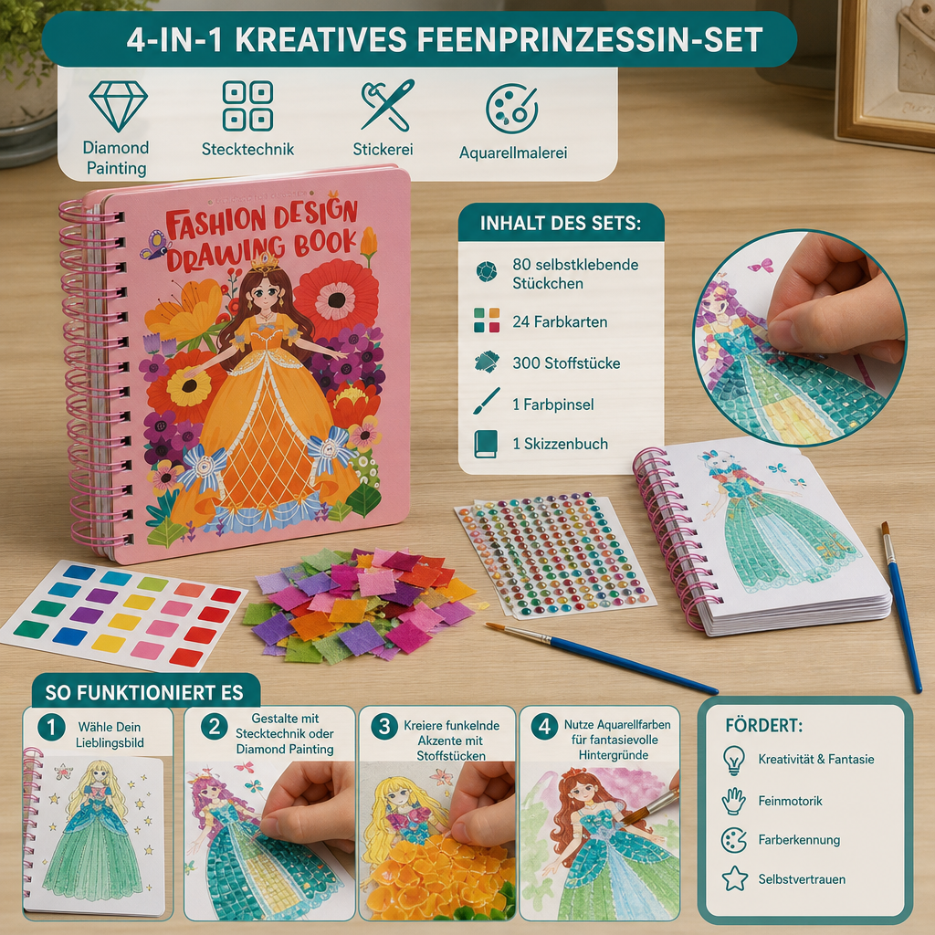 4-in-1 Feenprinzessin-Kunstset für Kinder mit Diamond Painting, Stecktechnik, Stickerei & Aquarell