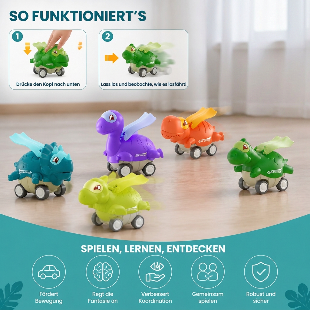 Press-&-Go-Dinoautos – Rollende Dinosaurier-Spielzeugautos für Kinder