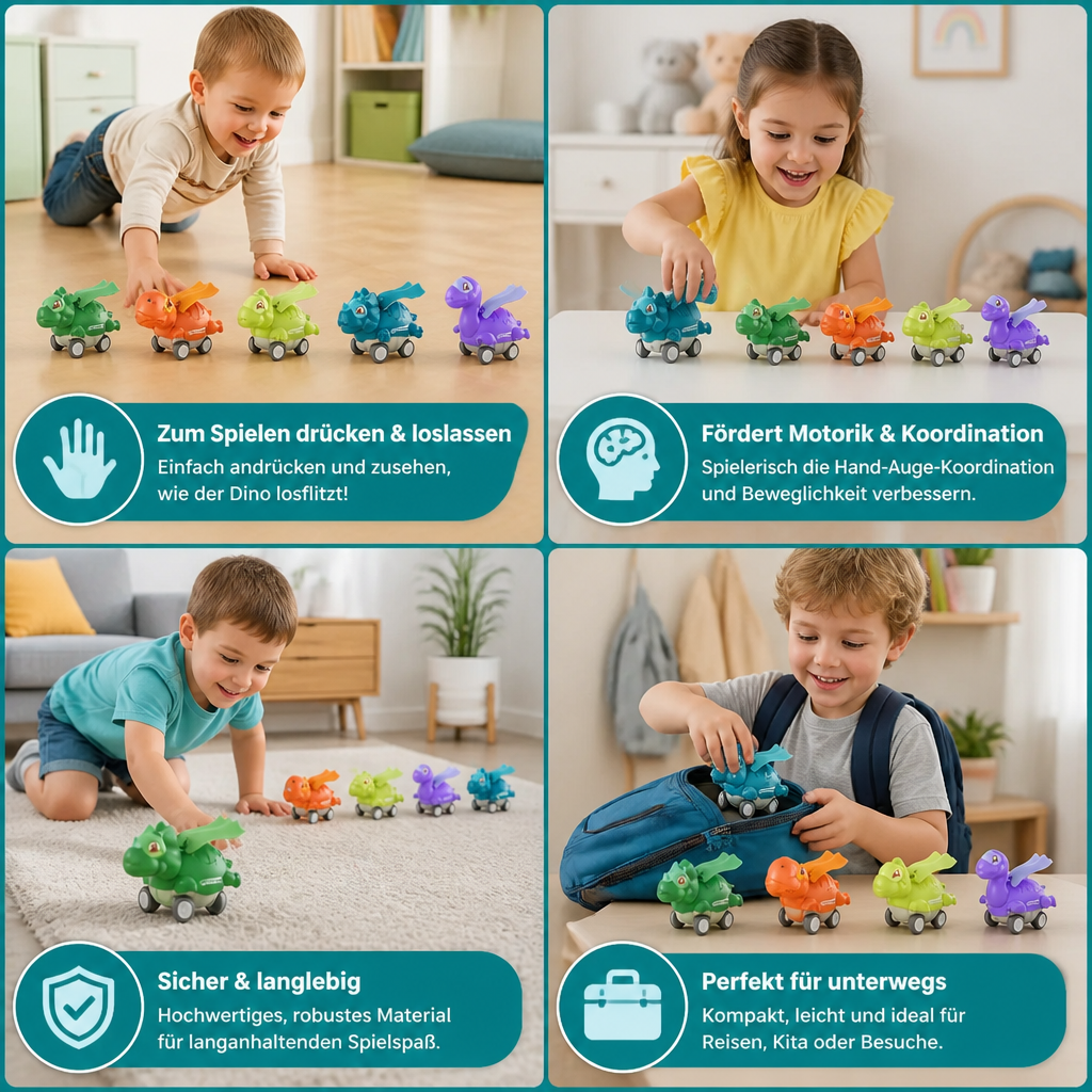 Press-&-Go-Dinoautos – Rollende Dinosaurier-Spielzeugautos für Kinder