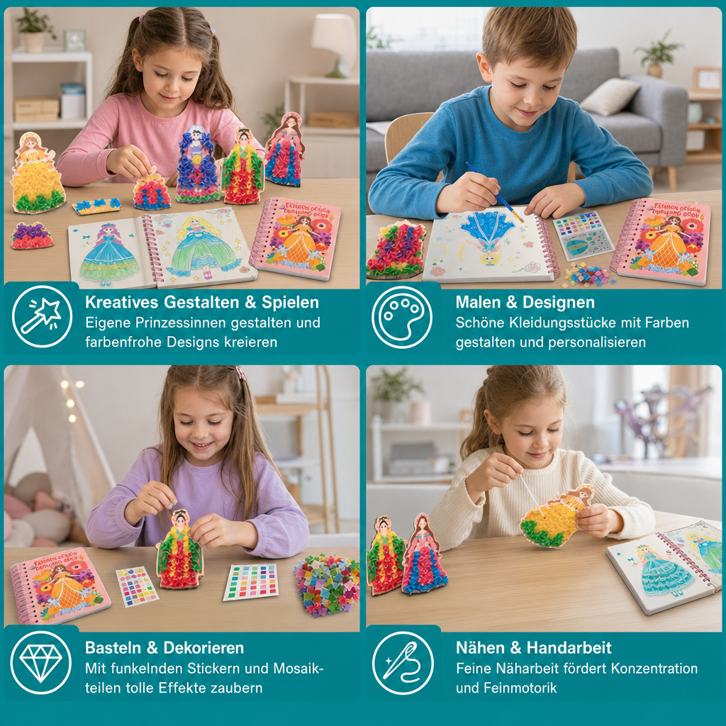 4-in-1 Feenprinzessin-Kunstset für Kinder mit Diamond Painting, Stecktechnik, Stickerei & Aquarell