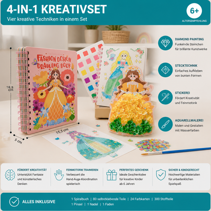 4-in-1 Feenprinzessin-Kunstset für Kinder mit Diamond Painting, Stecktechnik, Stickerei & Aquarell