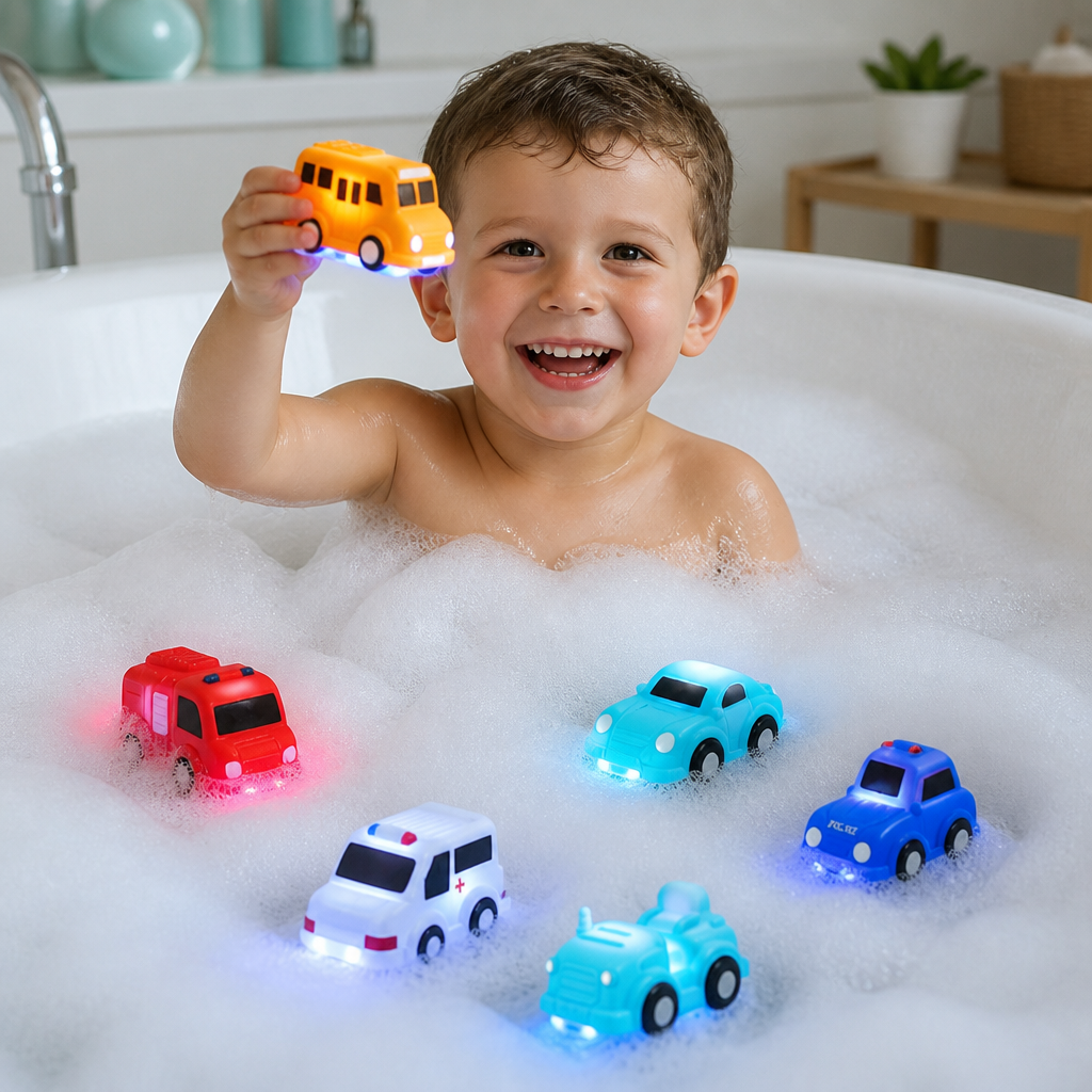 Leuchtendes Badewannen-Auto-Set – Wasseraktiviertes Badespielzeug für Babys
