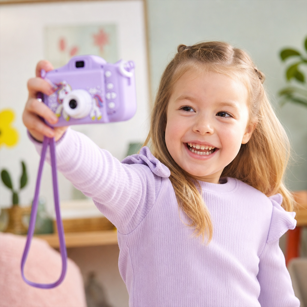 Wiederaufladbare Digitalkamera für Kinder mit Selfie-Modus, HD-Video & Silikonhülle