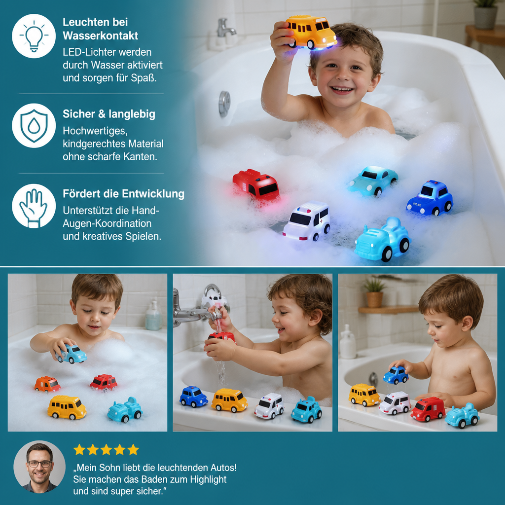 Leuchtendes Badewannen-Auto-Set – Wasseraktiviertes Badespielzeug für Babys