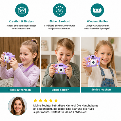 Wiederaufladbare Digitalkamera für Kinder mit Selfie-Modus, HD-Video & Silikonhülle