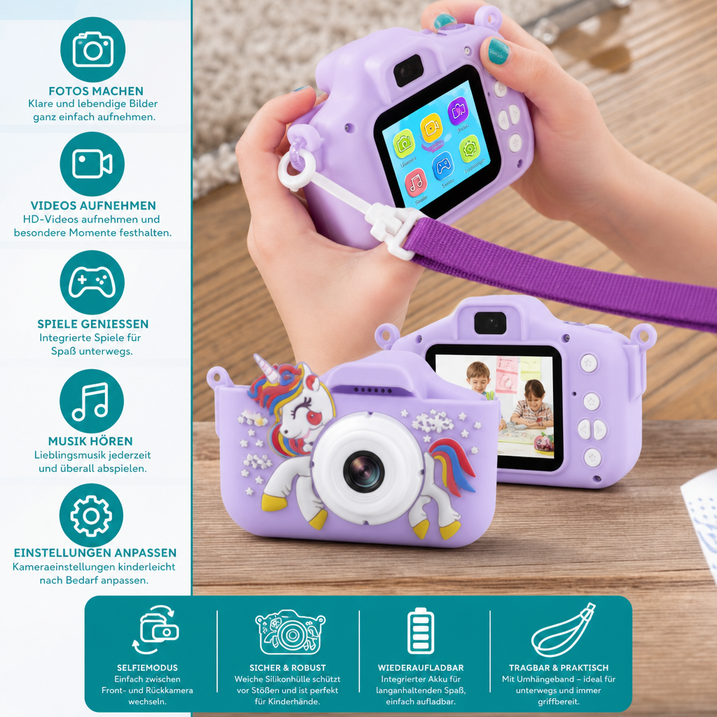 Wiederaufladbare Digitalkamera für Kinder mit Selfie-Modus, HD-Video & Silikonhülle