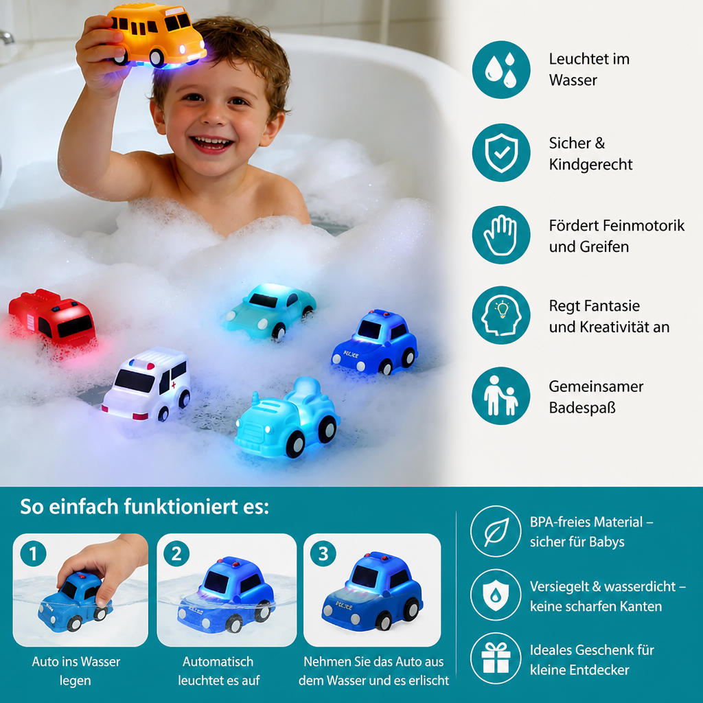 Leuchtendes Badewannen-Auto-Set – Wasseraktiviertes Badespielzeug für Babys