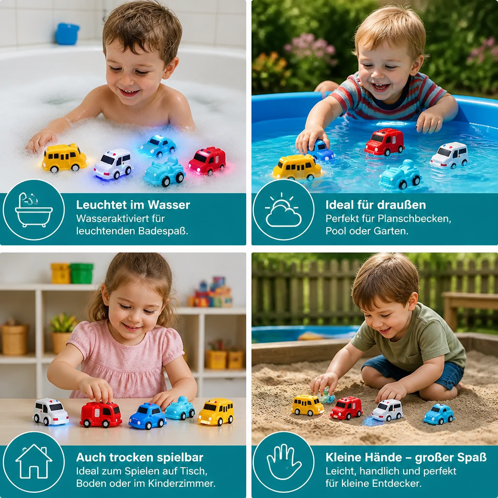 Leuchtendes Badewannen-Auto-Set – Wasseraktiviertes Badespielzeug für Babys