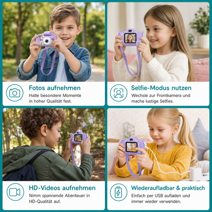 Wiederaufladbare Digitalkamera für Kinder mit Selfie-Modus, HD-Video & Silikonhülle