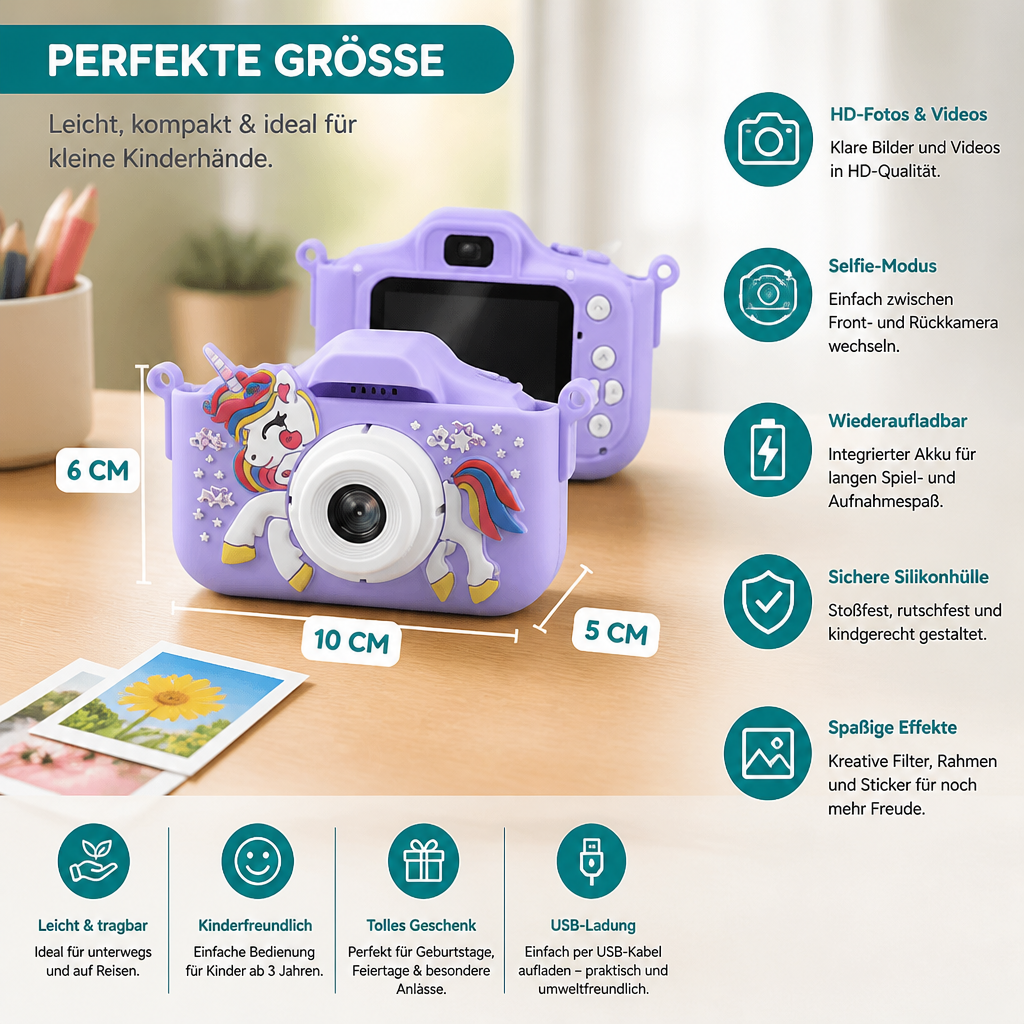 Wiederaufladbare Digitalkamera für Kinder mit Selfie-Modus, HD-Video & Silikonhülle