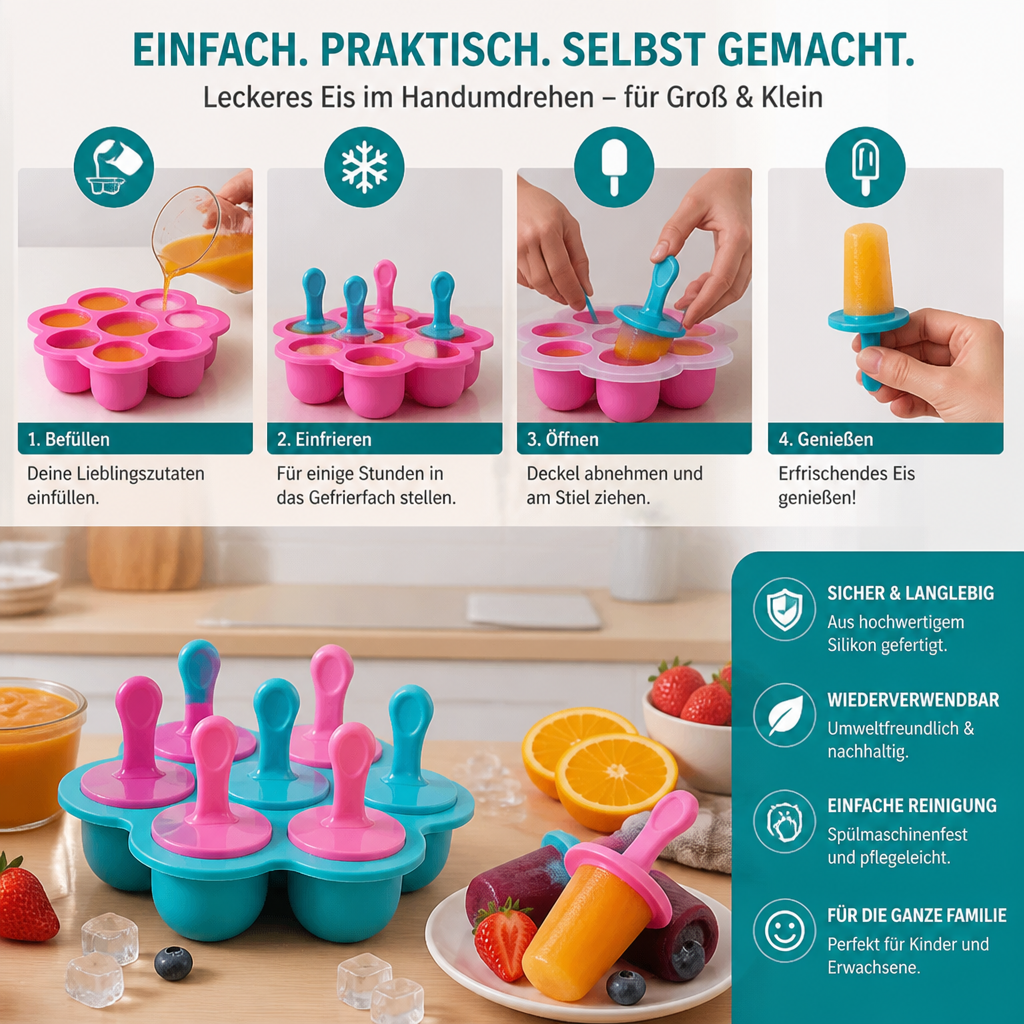 7-teiliges Silikon-Eisformen-Set – Wiederverwendbare Eisformen für Kinder