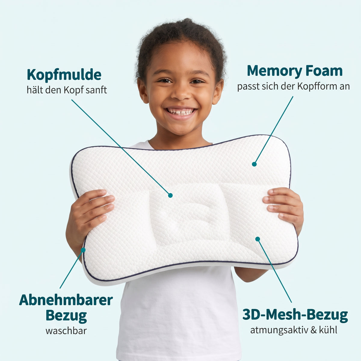 Kind hält das Kinderkissen: Kopfmulde, Memory Foam, 3D-Mesh-Bezug, abnehmbarer Bezug