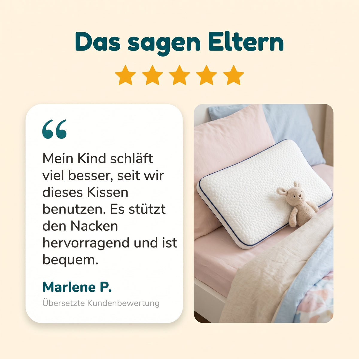 Übersetzte Kundenbewertung von Marlene P. zum Kinderkissen