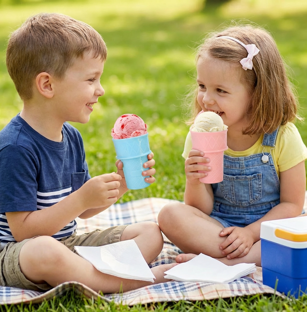2er-Set Eisbecher im Waffel-Design – Kleckerfreier Eis Halter für Kinder