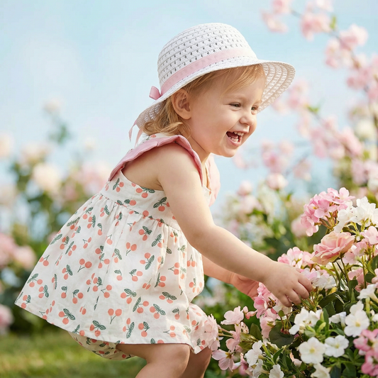 Sommerliches 2in1 Set Mädchenkleid mit Kirschmuster im Koreanischen Stil inkl Strohhut