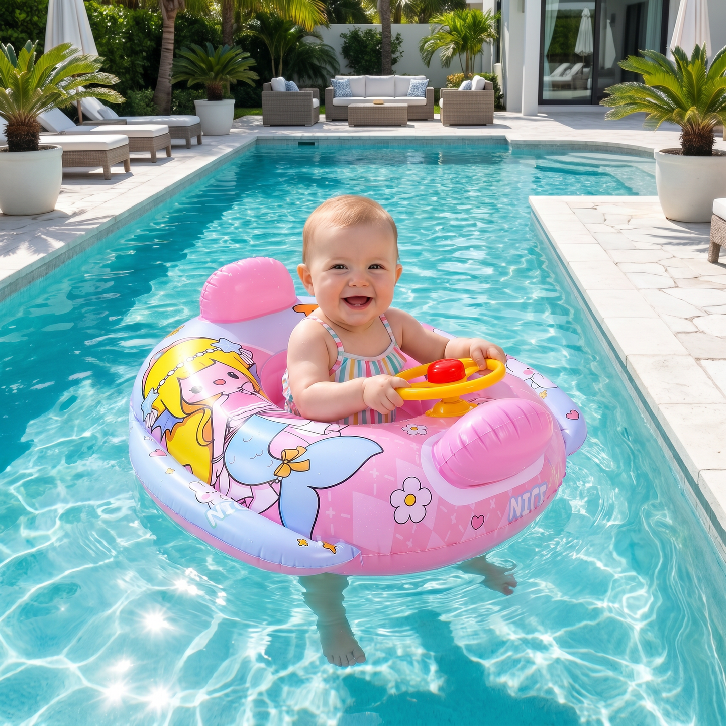Aufblasbarer Babyschwimmring mit Sitz und Spiel Lenkrad
