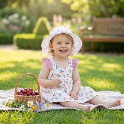 Sommerliches 2in1 Set Mädchenkleid mit Kirschmuster im Koreanischen Stil inkl Strohhut