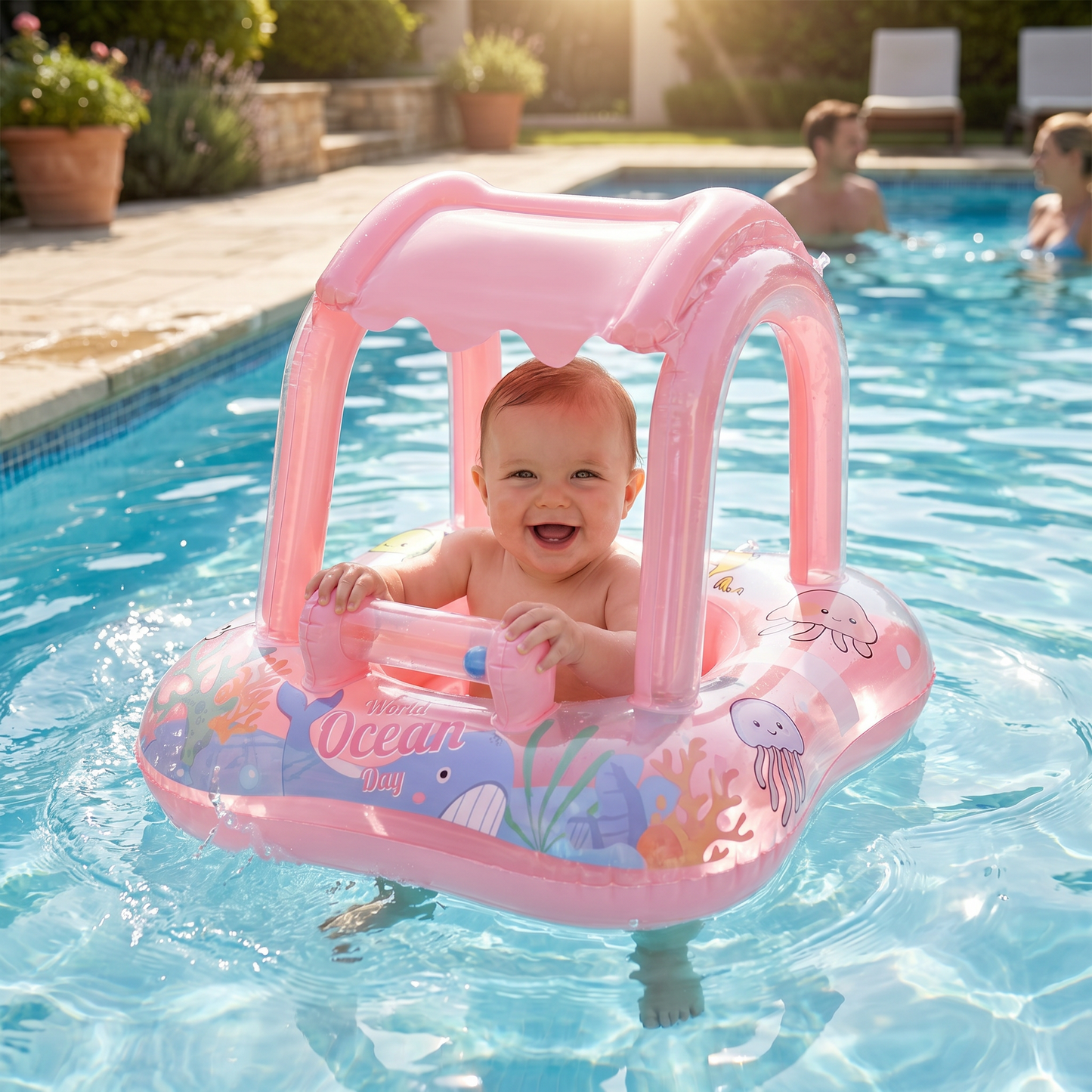 Aufblasbarer Baby Pool Float mit Sonnendach & Ozean-Motiv