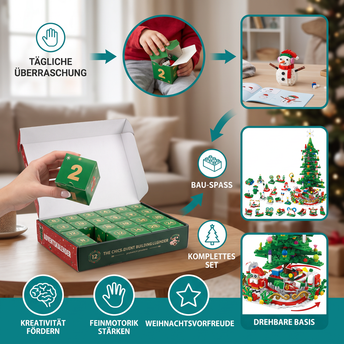 Weihnachtsbaum-Baustein-Adventskalender für Kinder