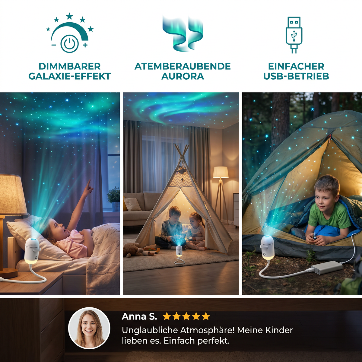NightSky dimmbarer USB-Galaxieprojektor mit Sternen- & Auroraeffekten