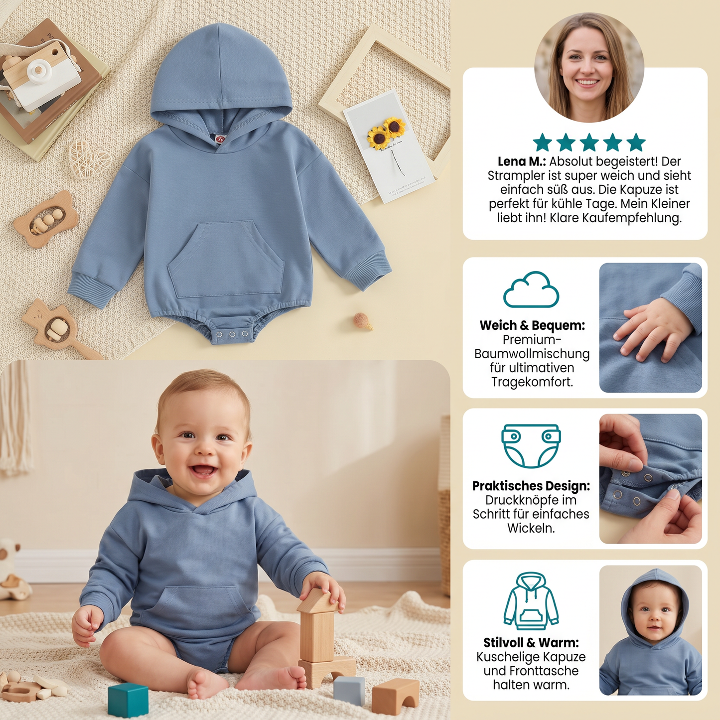 Baby-Strampler mit Kapuze – Weicher Langarm-Einteiler mit Fronttasche