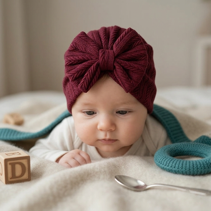 Geraffter Baby-Turban mit Schleife – Weiche Strickmütze für Neugeborene