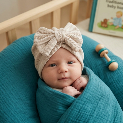 Geraffter Baby-Turban mit Schleife – Weiche Strickmütze für Neugeborene