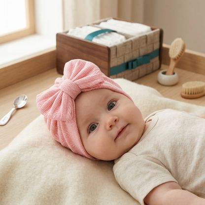 Geraffter Baby-Turban mit Schleife – Weiche Strickmütze für Neugeborene