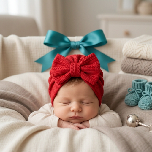 Geraffter Baby-Turban mit Schleife – Weiche Strickmütze für Neugeborene