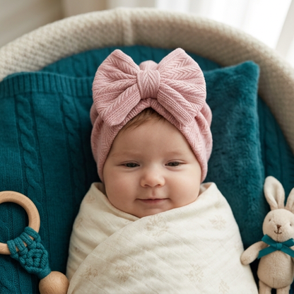 Geraffter Baby-Turban mit Schleife – Weiche Strickmütze für Neugeborene