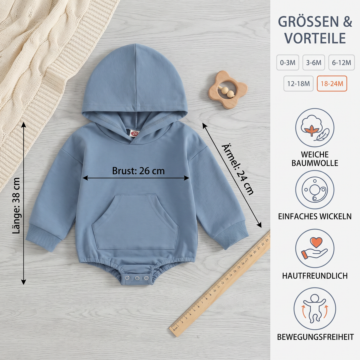 Baby-Strampler mit Kapuze – Weicher Langarm-Einteiler mit Fronttasche