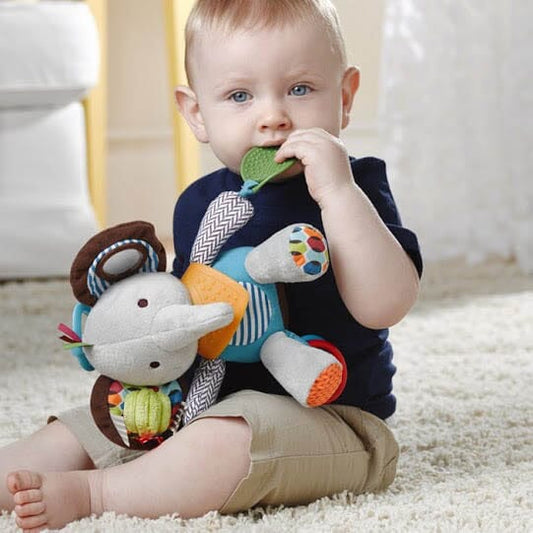 Sensorisches Baby Plüsch Spielzeug mit Rassel und Silikonaufsatz für das Zahnen