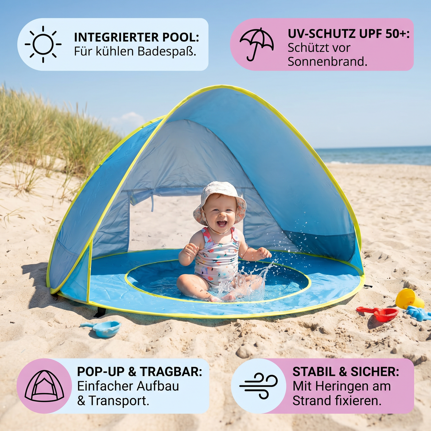 Pop-Up Baby Strandzelt mit integriertem Pool & UV-Schutz – Tragbarer Sonnenschutz für Kinder