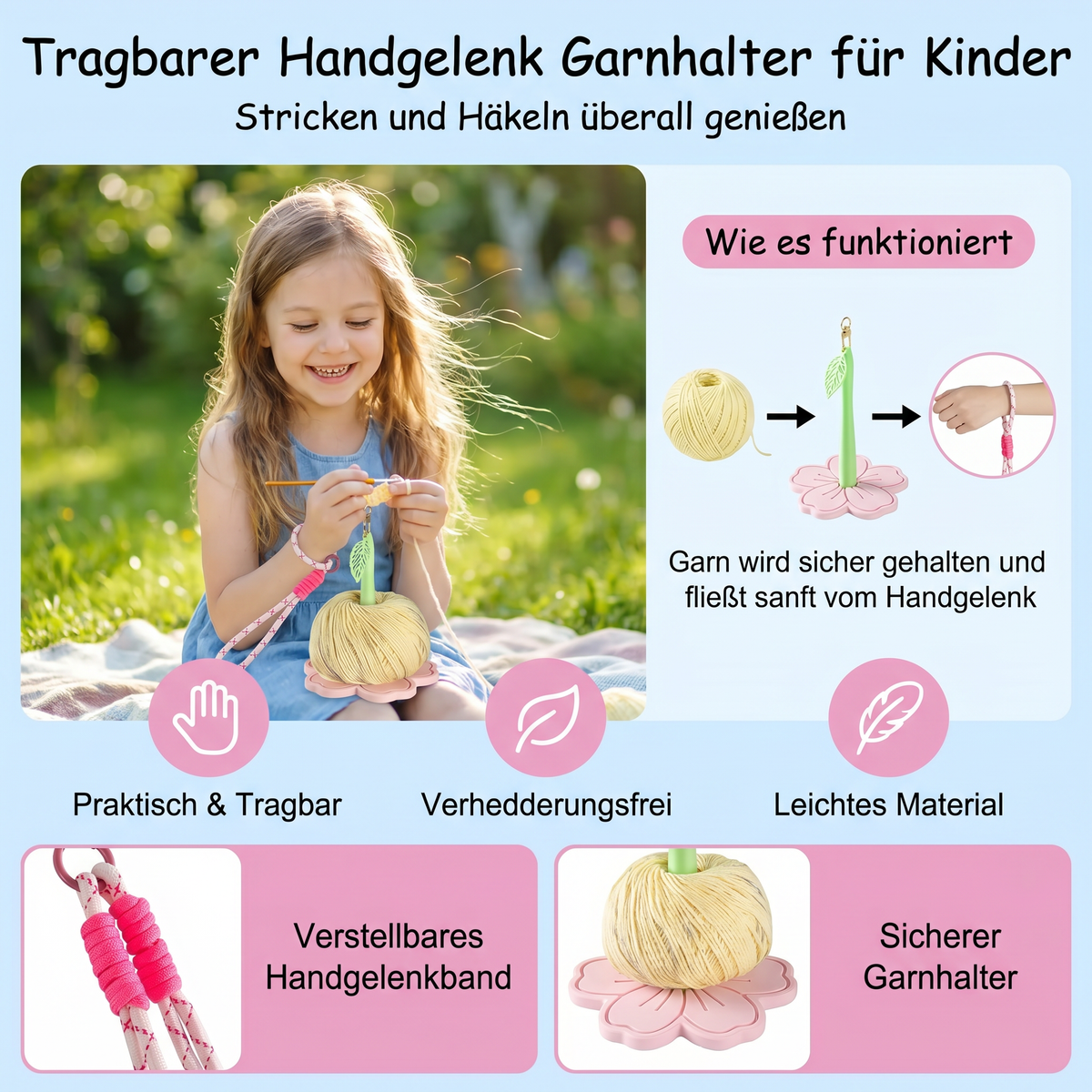 Tragbarer Handgelenk Garnhalter mit Schlaufe zum Stricken und Häkeln