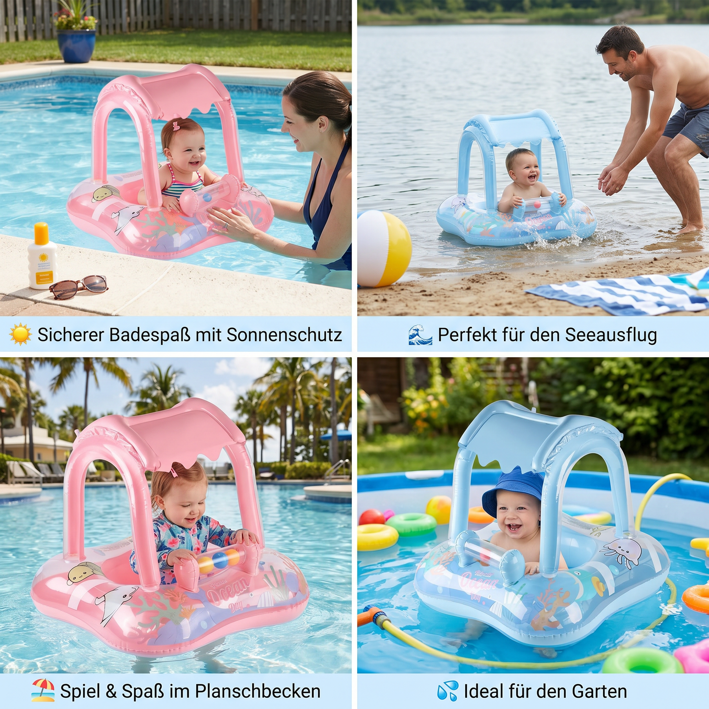 Aufblasbarer Baby Pool Float mit Sonnendach & Ozean-Motiv