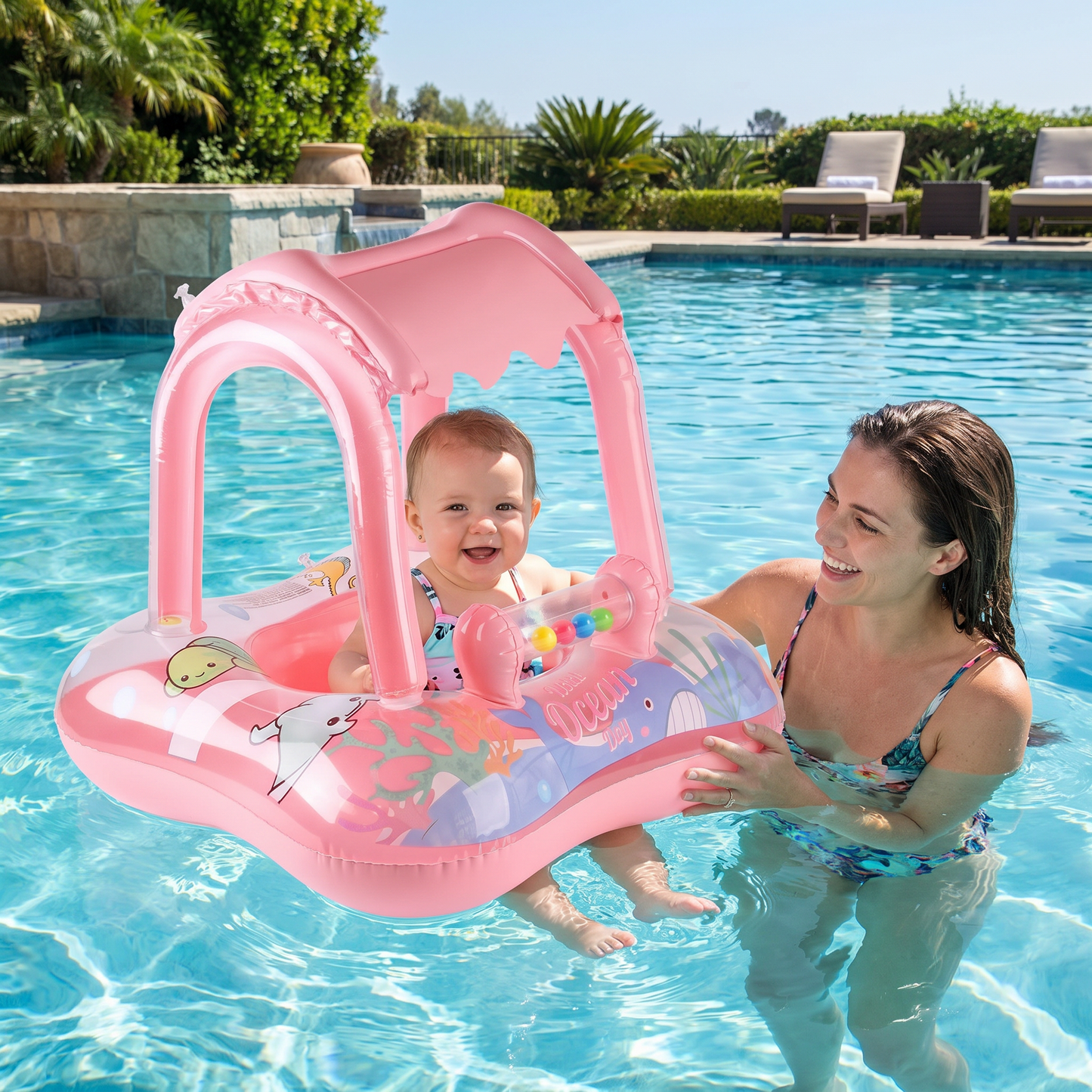 Aufblasbarer Baby Pool Float mit Sonnendach & Ozean-Motiv