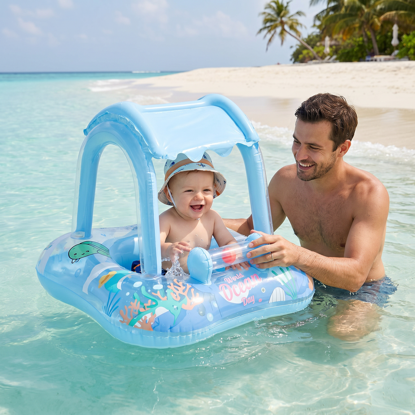 Aufblasbarer Baby Pool Float mit Sonnendach & Ozean-Motiv