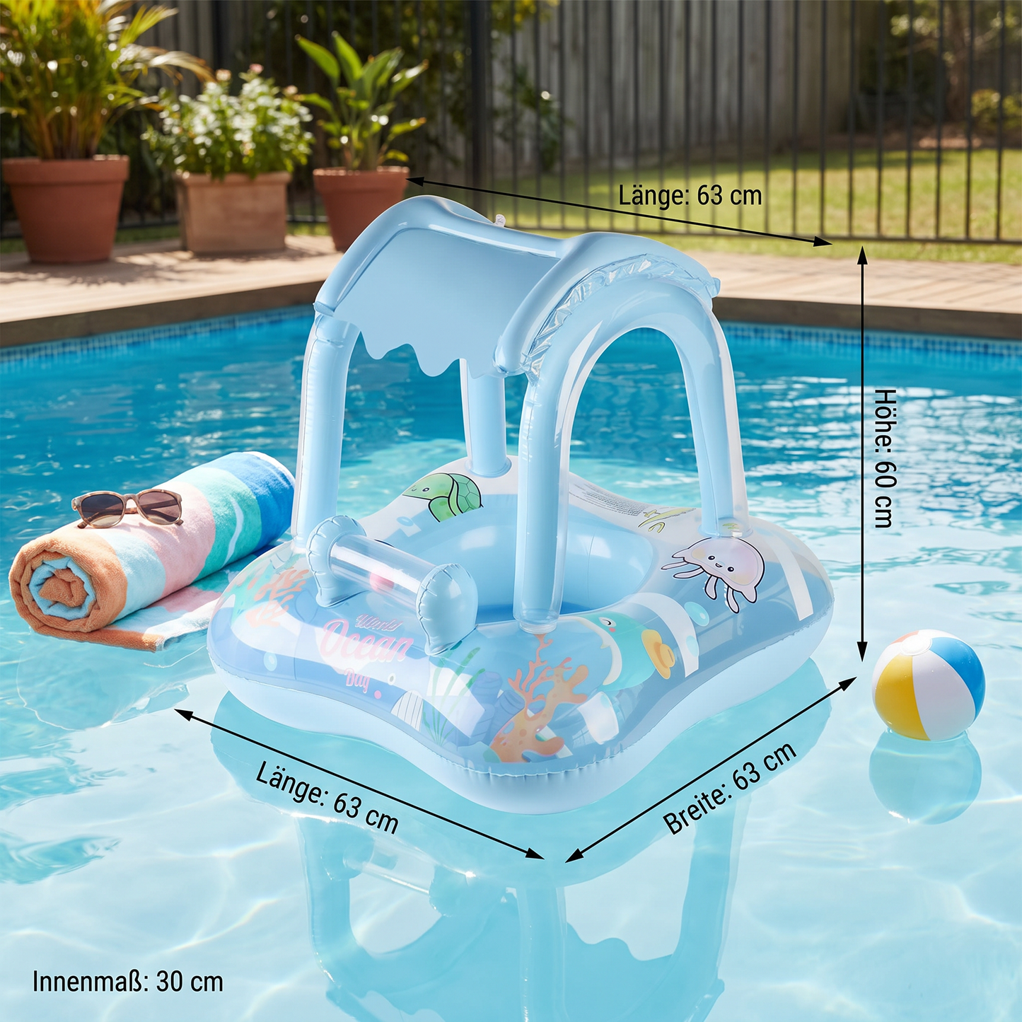 Aufblasbarer Baby Pool Float mit Sonnendach & Ozean-Motiv