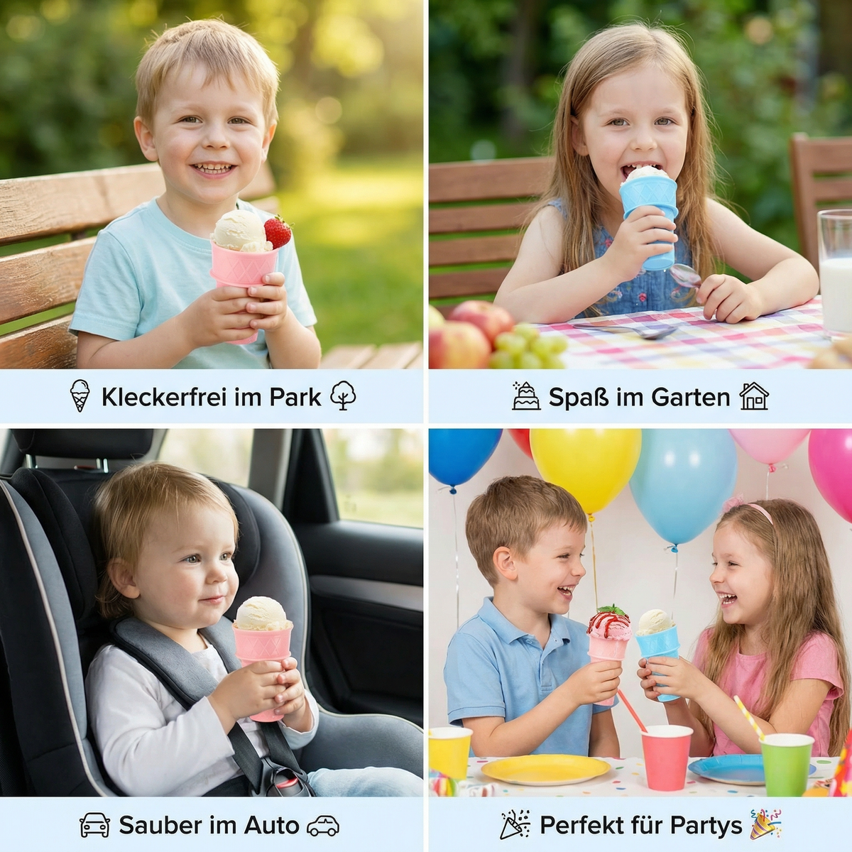 2er-Set Eisbecher im Waffel-Design – Kleckerfreier Eis Halter für Kinder