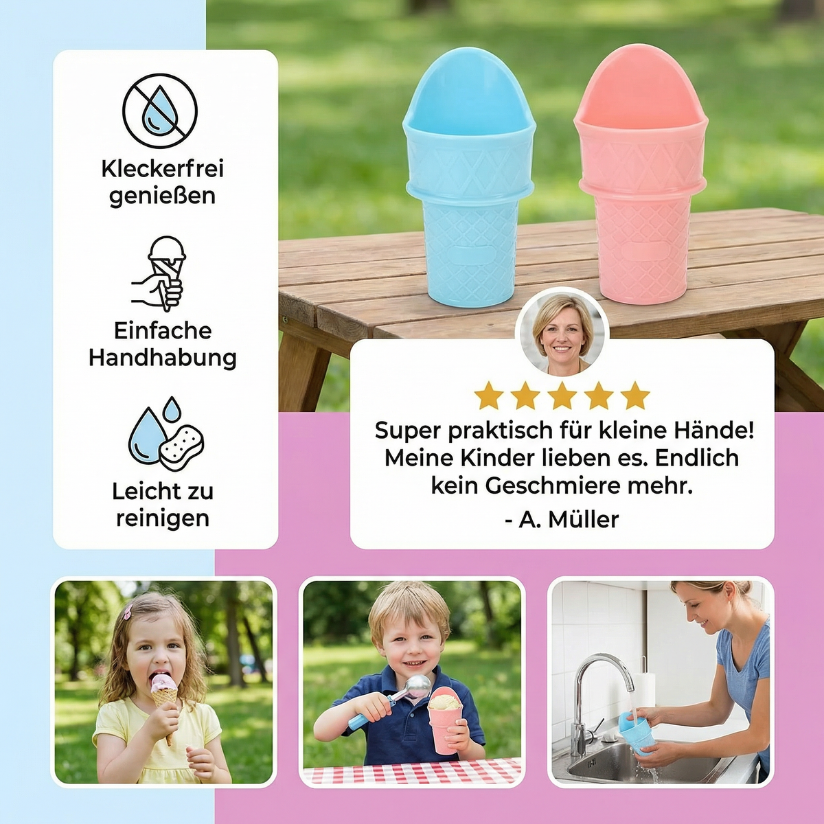 2er-Set Eisbecher im Waffel-Design – Kleckerfreier Eis Halter für Kinder