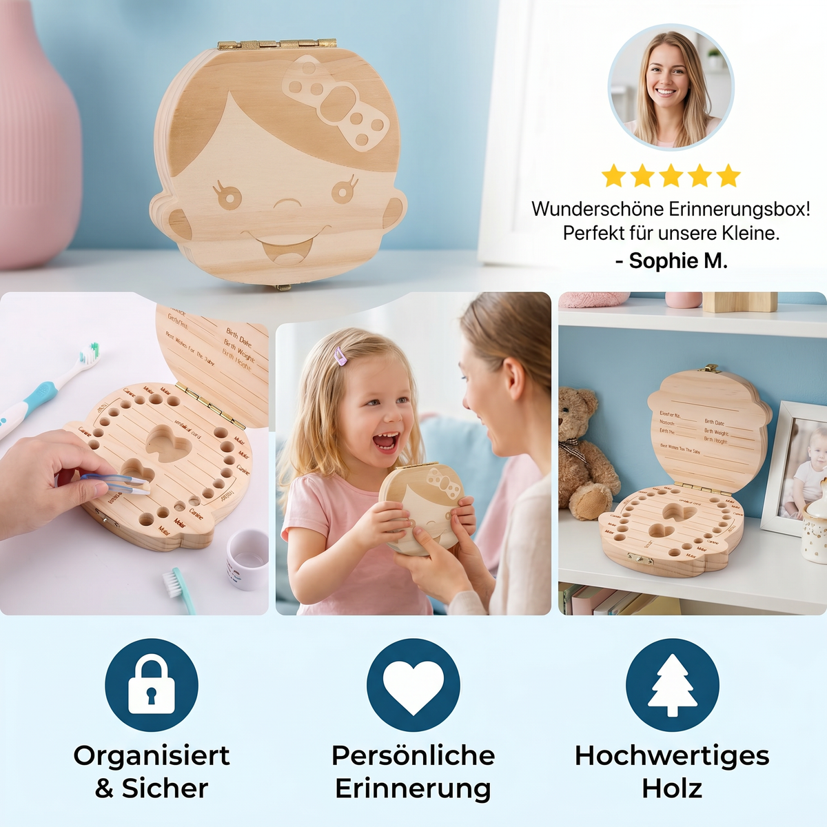 Holz Zahnbox für Kinder – Milchzahn Aufbewahrung & Erinnerungsbox