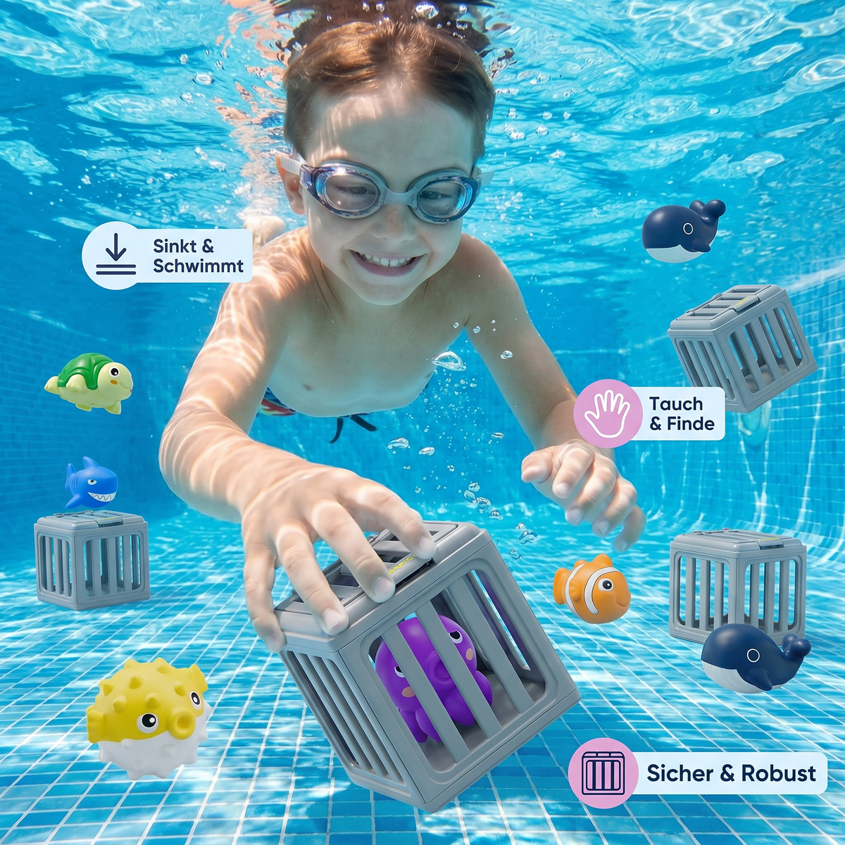 Kinder Tauchspielzeug Set – Unterwasser Pool Spielzeug mit Aufbewahrungsbox